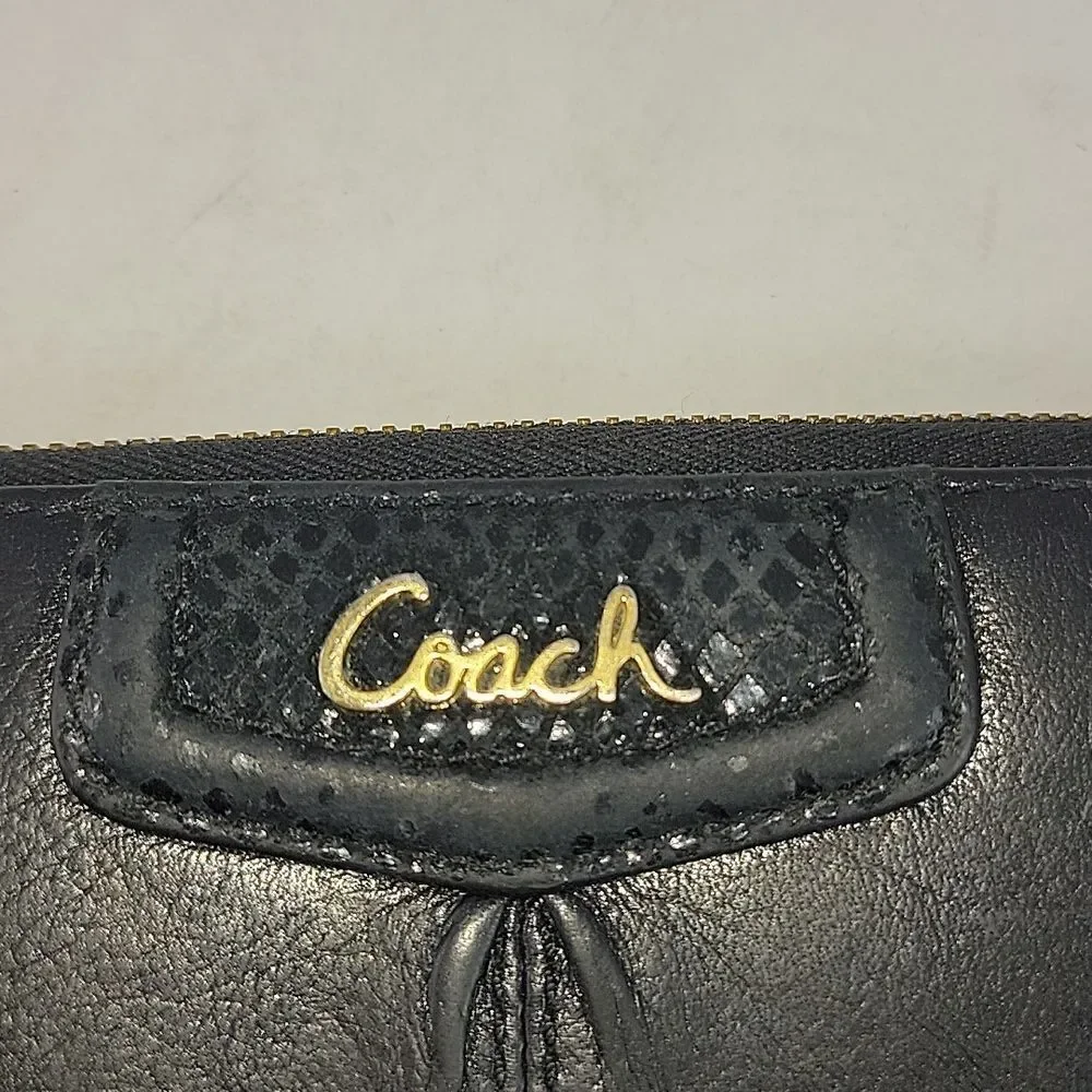Coach Ashley Leather Wallet Accordion 3 Side Zip Black Wristlet